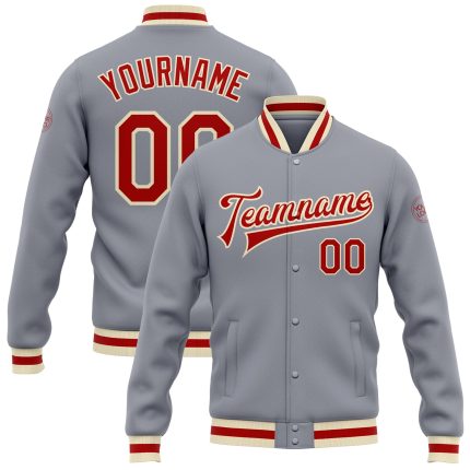Custom Gray Red-Cream Bomber Jacket for Men, Full-Snap Varsity Letterman Style Custom Gray Red-Cream Bomber Full-Snap Varsity