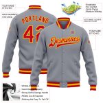 Custom Bomber Jacket Gray Red Gold Full-Snap Varsity Letterman Style Custom Gray Red-Gold Bomber Full-Snap Varsity Letterman