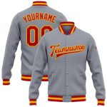 Custom Bomber Jacket Gray Red Gold Full-Snap Varsity Letterman Style Custom Gray Red-Gold Bomber Full-Snap Varsity Letterman