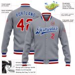 Custom Varsity Letterman Jacket Gray Red-Royal Bomber Full-Snap Design Custom Gray Red-Royal Bomber Full-Snap Varsity Letterman