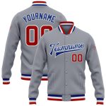 Custom Varsity Letterman Jacket Gray Red-Royal Bomber Full-Snap Design Custom Gray Red-Royal Bomber Full-Snap Varsity Letterman