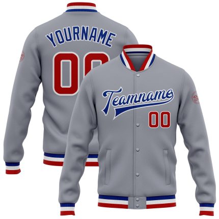 Custom Varsity Letterman Jacket Gray Red-Royal Bomber Full-Snap Design Custom Gray Red-Royal Bomber Full-Snap Varsity Letterman