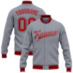 Custom Letterman Varsity Jacket Gray Red White Black Full-Snap Bomber Custom Gray Red White-Black Bomber Full-Snap Varsity
