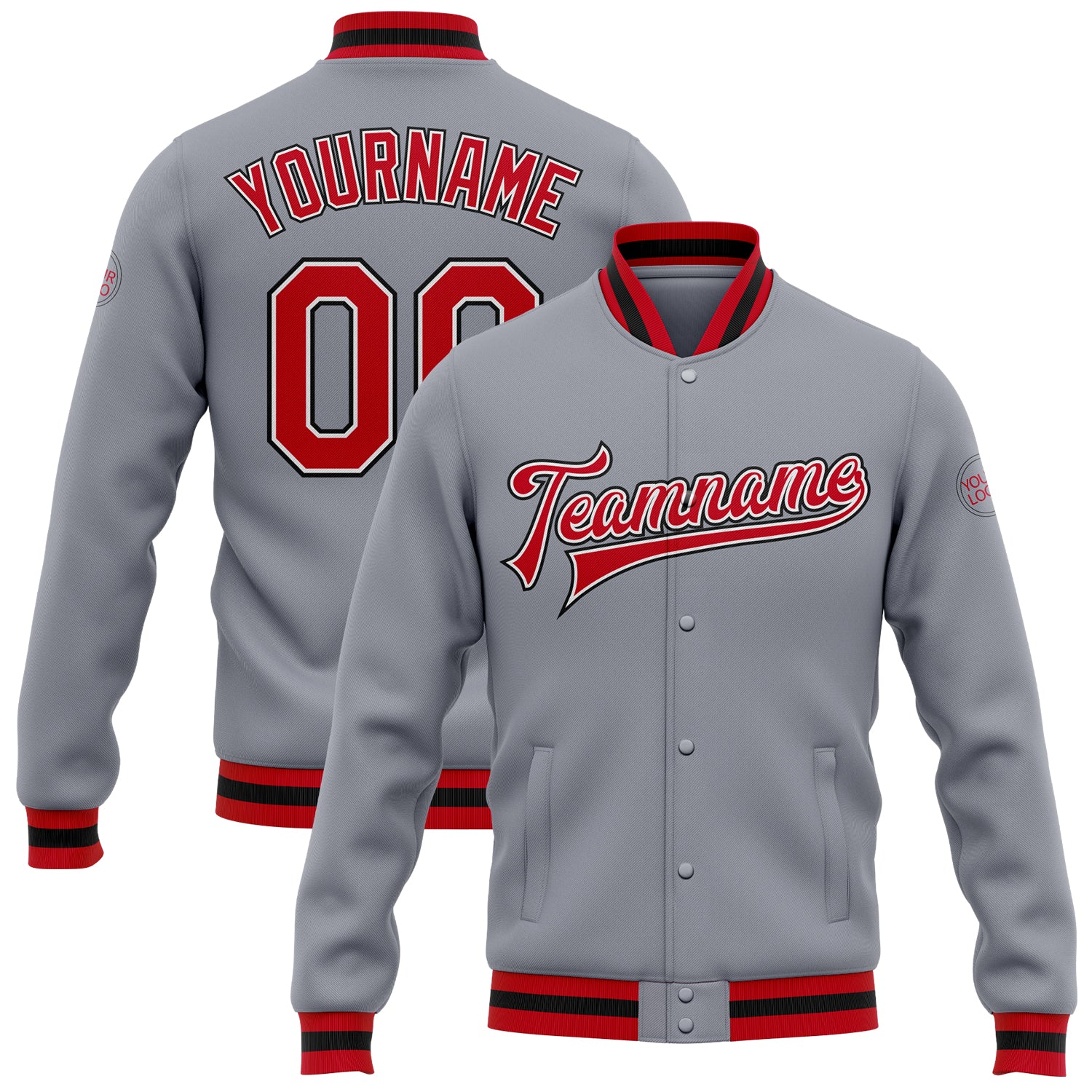 Custom Letterman Varsity Jacket Gray Red White Black Full-Snap Bomber Custom Gray Red White-Black Bomber Full-Snap Varsity