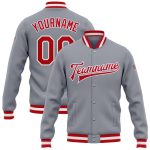 Custom Gray Red White Varsity Letterman Bomber Jacket Full-Snap Custom Gray Red-White Bomber Full-Snap Varsity Letterman