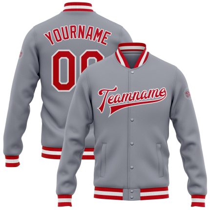Custom Gray Red White Varsity Letterman Bomber Jacket Full-Snap Custom Gray Red-White Bomber Full-Snap Varsity Letterman