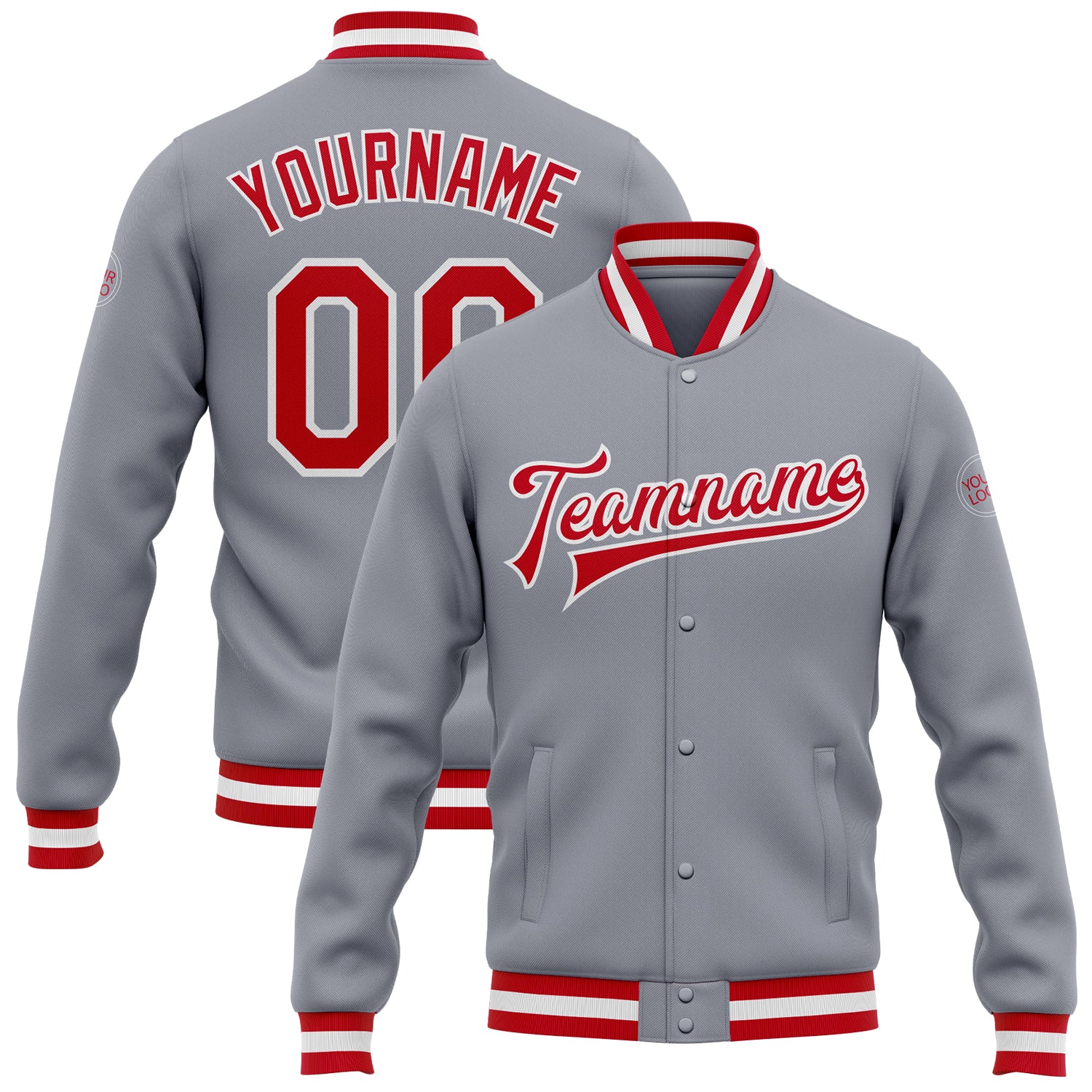 Custom Gray Red White Varsity Letterman Bomber Jacket Full-Snap Custom Gray Red-White Bomber Full-Snap Varsity Letterman