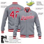 Custom Gray Red White Varsity Letterman Bomber Jacket Full-Snap Custom Gray Red-White Bomber Full-Snap Varsity Letterman