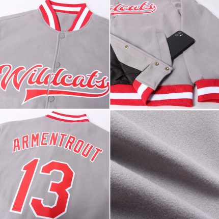 Custom Gray Red White Varsity Letterman Bomber Jacket Full-Snap Custom Gray Red-White Bomber Full-Snap Varsity Letterman