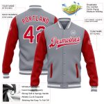 Custom Red White Gray Bomber Jacket Full-Snap Varsity Letterman Two Tone Custom Gray Red-White Bomber Full-Snap Varsity Letterman