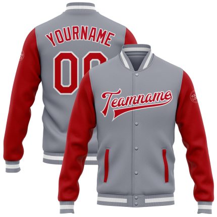 Custom Red White Gray Bomber Jacket Full-Snap Varsity Letterman Two Tone Custom Gray Red-White Bomber Full-Snap Varsity Letterman