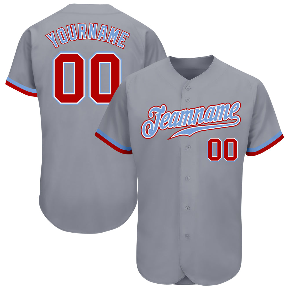 Custom Gray Red White-Light Blue Baseball Jersey - Authentic Sports Apparel Custom Gray Red White-Light Blue Authentic Baseball