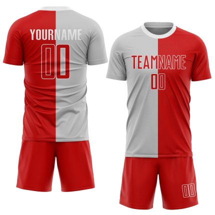 Custom Sublimation Fashion Soccer Jersey - Gray Red and White Split Design Uniform Custom Gray Red-White Sublimation Split