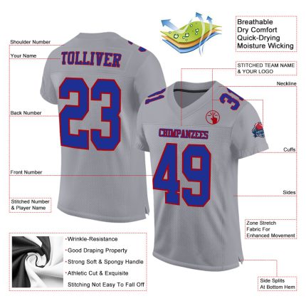 Custom Gray Red Mesh Football Jersey - Authentic Team Sportswear Custom Gray Royal-Red Mesh Authentic Football Jersey