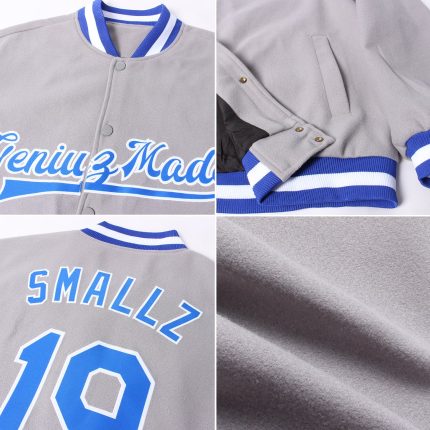 Custom Gray Varsity Letterman Bomber Jacket with Royal-White Accents Custom Gray Royal-White Bomber Full-Snap Varsity Letterman