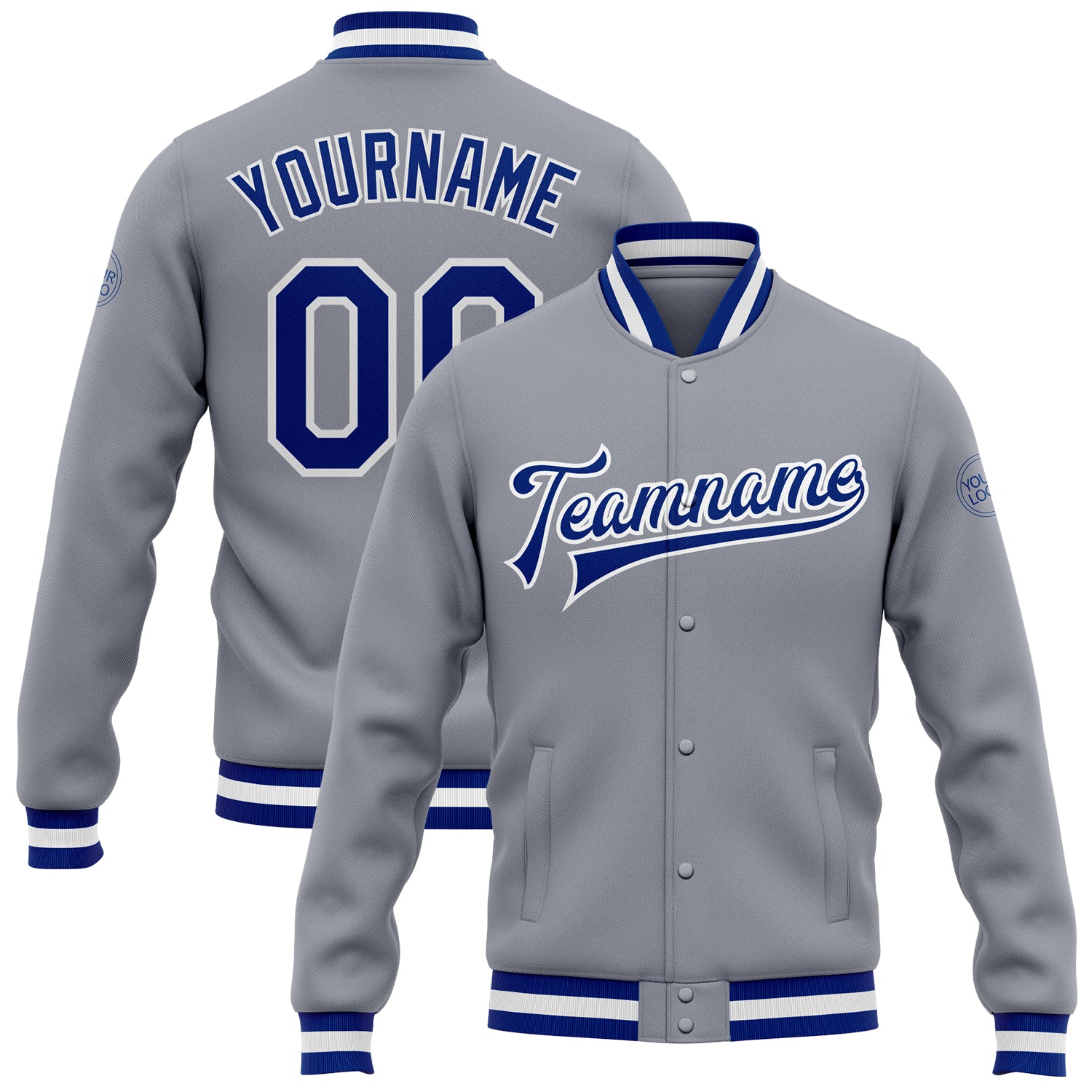 Custom Gray Varsity Letterman Bomber Jacket with Royal-White Accents Custom Gray Royal-White Bomber Full-Snap Varsity Letterman
