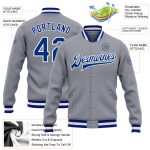 Custom Gray Varsity Letterman Bomber Jacket with Royal-White Accents Custom Gray Royal-White Bomber Full-Snap Varsity Letterman