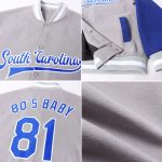 Custom Gray White Bomber Jacket Varsity Letterman Two Tone Full-Snap Custom Gray Royal-White Bomber Full-Snap Varsity Letterman