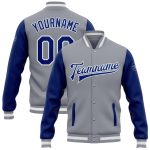 Custom Gray White Bomber Jacket Varsity Letterman Two Tone Full-Snap Custom Gray Royal-White Bomber Full-Snap Varsity Letterman