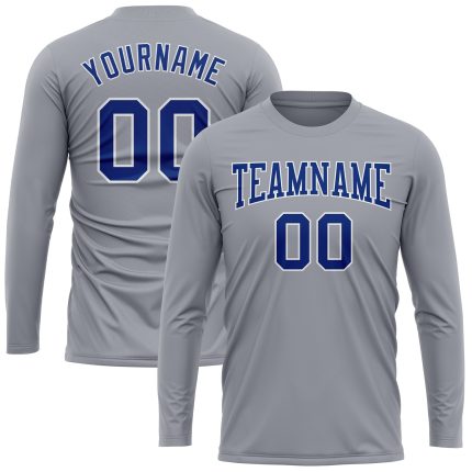 Gray Long Sleeve Performance T-Shirt - Custom Royal-White Design for Sports & Casual Wear Custom Gray Royal-White Long Sleeve