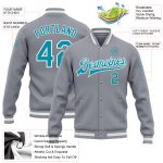 Gray Teal White Varsity Letterman Jacket Custom Bomber Full-Snap Jacket Custom Gray Teal-White Bomber Full-Snap Varsity Letterman