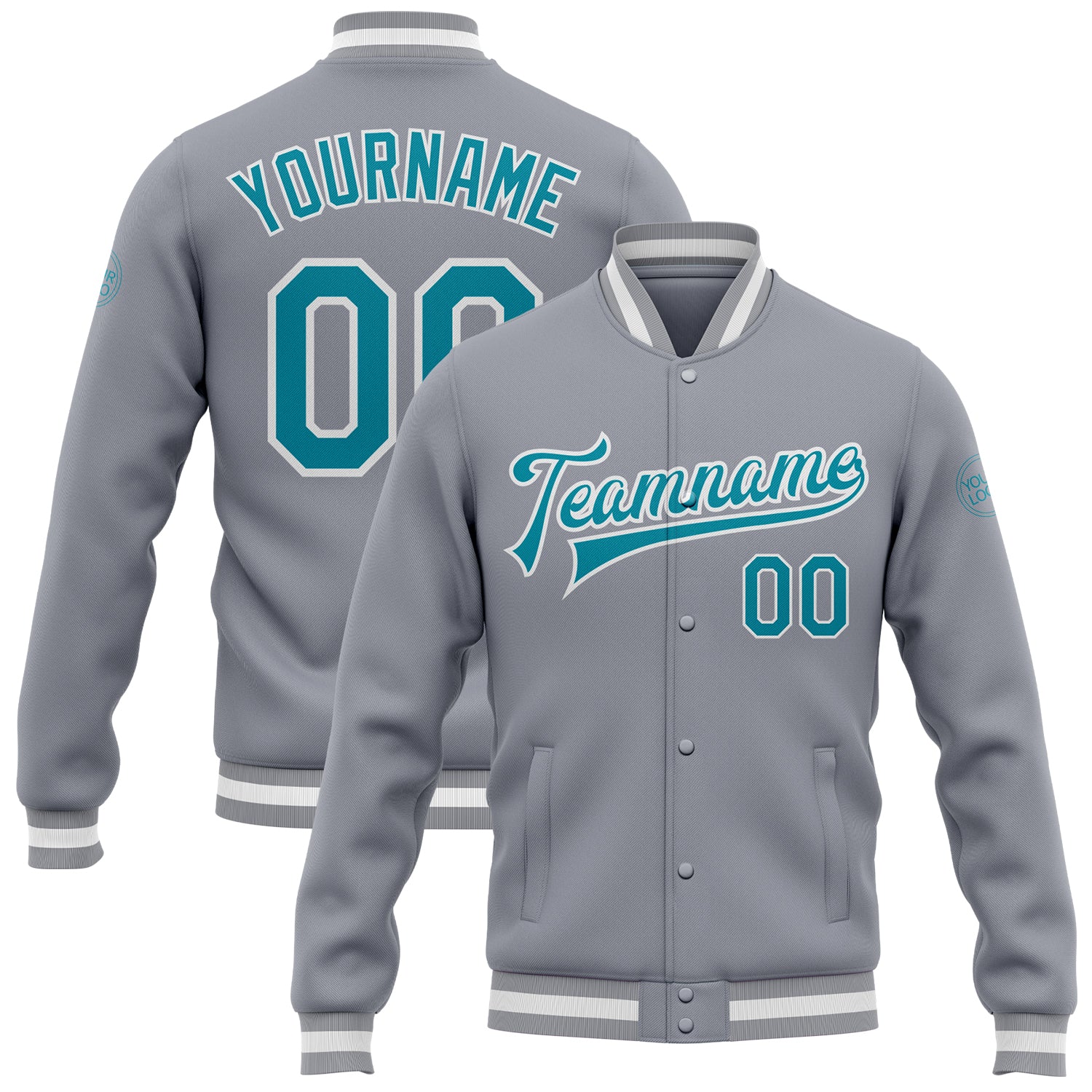 Gray Teal White Varsity Letterman Jacket Custom Bomber Full-Snap Jacket Custom Gray Teal-White Bomber Full-Snap Varsity Letterman