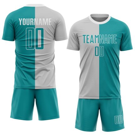 Custom Sublimation Soccer Uniform Jersey - Gray Teal and White Fashion Design Custom Gray Teal-White Sublimation Split Fashion