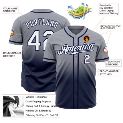 Gray White Navy Custom Fade Fashion Baseball Jersey for Men Custom Gray White-Navy Authentic Fade Fashion Baseball Jersey