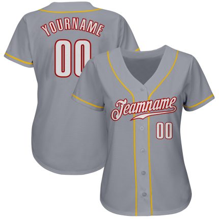 Custom Authentic Baseball Jersey in Gray White Red Gold Custom Gray White Red-Gold Authentic Baseball Jersey