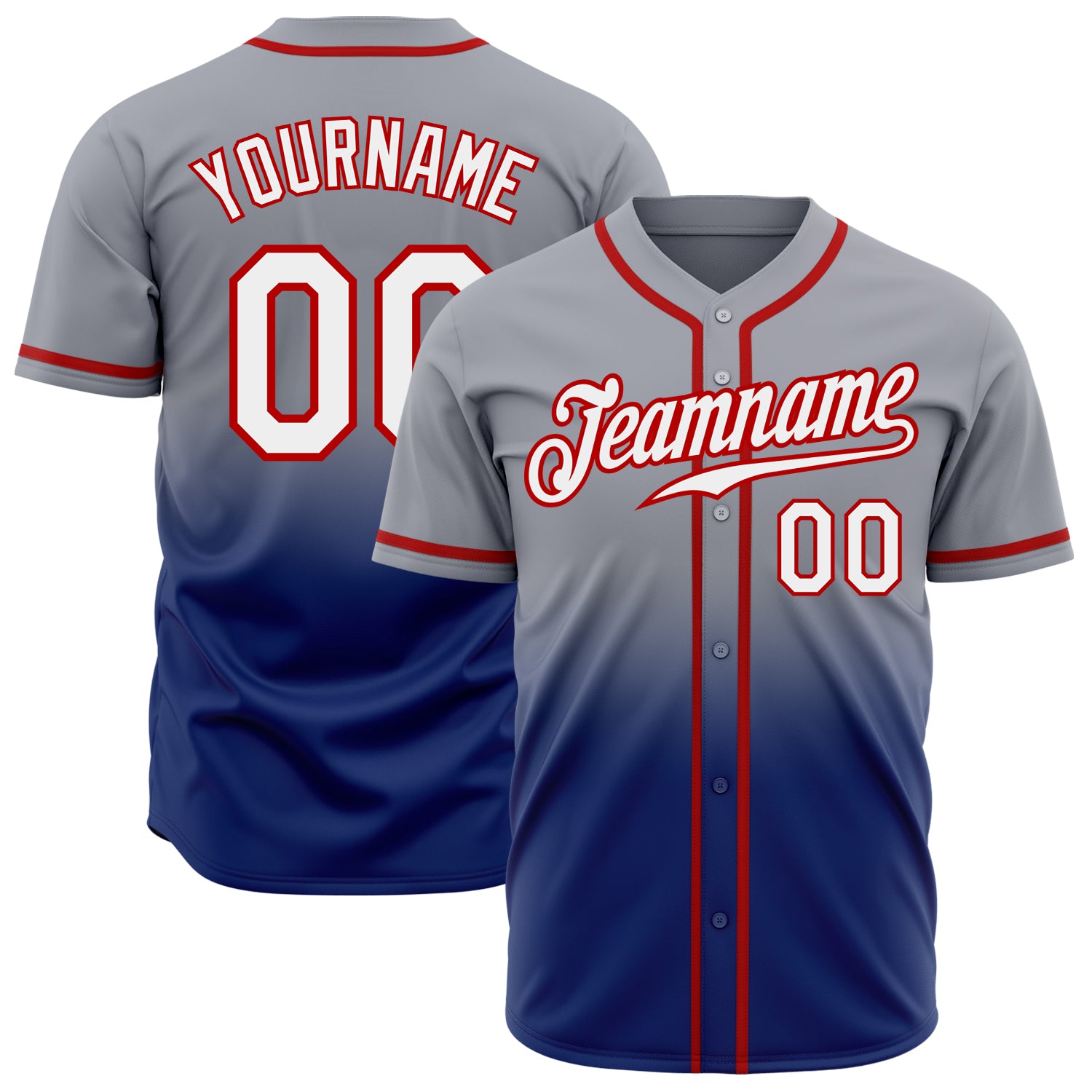 Custom Gray White Red Fade Fashion Baseball Jersey - Authentic Team Apparel Custom Gray White Royal-Red Authentic Fade Fashion