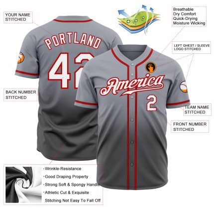 Custom Gray White Authentic Fade Baseball Jersey - Gray Red Fashion Design Custom Gray White Steel Gray-Red Authentic Fade