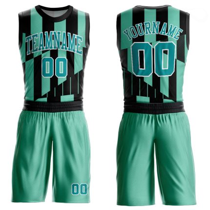Custom Aqua Black Sublimation Basketball Jersey Round Neck Suit Custom Green Aqua-Black Round Neck Sublimation Basketball