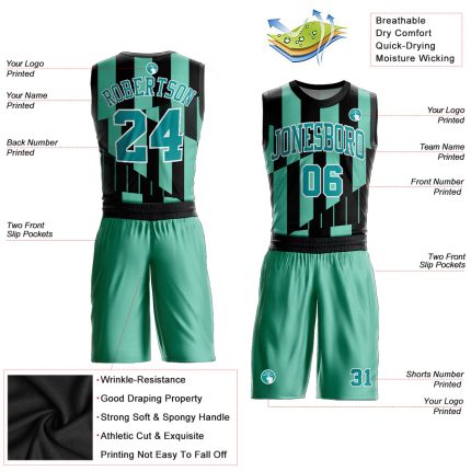Custom Aqua Black Sublimation Basketball Jersey Round Neck Suit Custom Green Aqua-Black Round Neck Sublimation Basketball