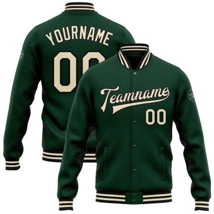 Custom Green Cream Black Varsity Letterman Bomber Jacket Full-Snap Custom Green Cream-Black Bomber Full-Snap Varsity Letterman