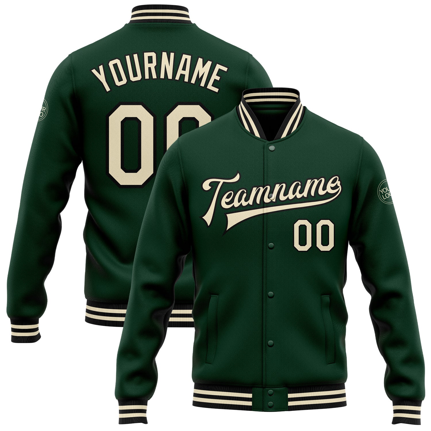 Custom Green Cream Black Varsity Letterman Bomber Jacket Full-Snap Custom Green Cream-Black Bomber Full-Snap Varsity Letterman
