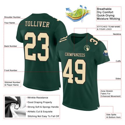 Custom Football Jersey - Authentic Green Cream Black Mesh Design Custom Green Cream-Black Mesh Authentic Football Jersey