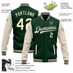 Custom Green Cream Bomber Varsity Letterman Jacket Full-Snap Two Tone Design Custom Green Cream Bomber Full-Snap Varsity