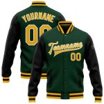 Custom Green and Black Varsity Bomber Jacket - Full-Snap Letterman Two Tone Coat Custom Green Gold-Black Bomber Full-Snap