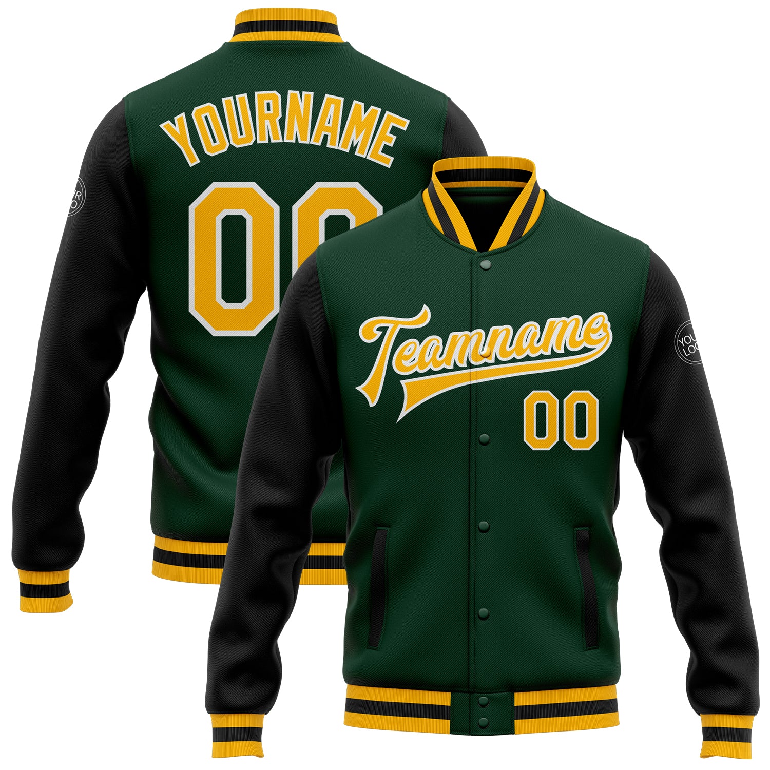 Custom Green and Black Varsity Bomber Jacket - Full-Snap Letterman Two Tone Coat Custom Green Gold-Black Bomber Full-Snap