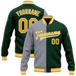 Custom Green Gold Gray Bomber Jacket Full-Snap Varsity Letterman Fashion Style Custom Green Gold-Gray Bomber Full-Snap Varsity