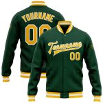 Green Gold White Varsity Letterman Bomber Jacket Custom Full-Snap Custom Green Gold-White Bomber Full-Snap Varsity Letterman