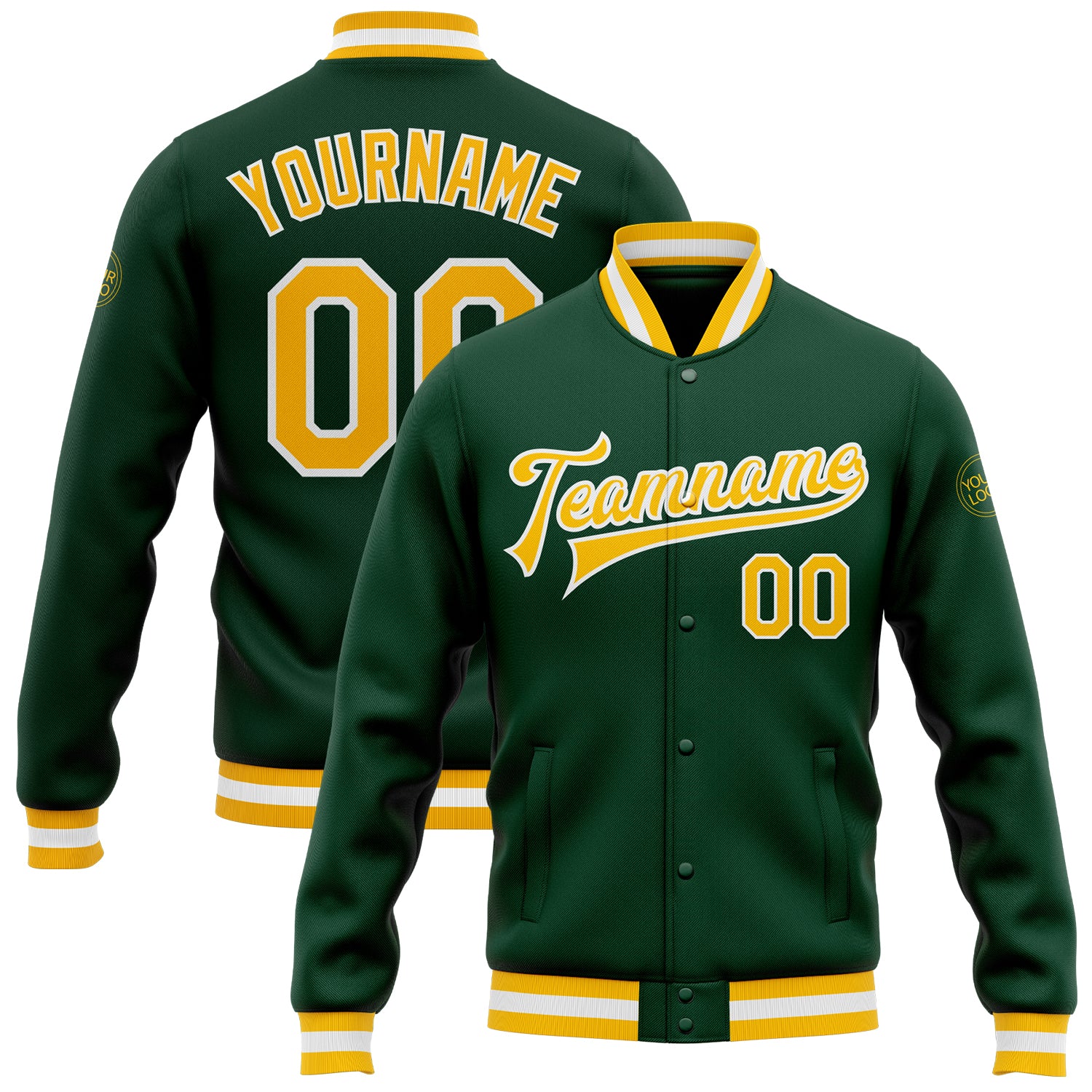 Green Gold White Varsity Letterman Bomber Jacket Custom Full-Snap Custom Green Gold-White Bomber Full-Snap Varsity Letterman