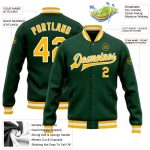 Green Gold White Varsity Letterman Bomber Jacket Custom Full-Snap Custom Green Gold-White Bomber Full-Snap Varsity Letterman