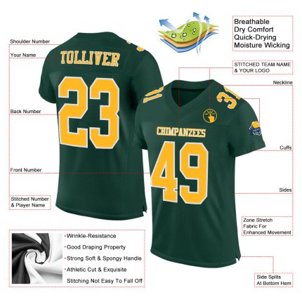 Green Custom Authentic Football Jersey - Gold and White Mesh Design Custom Green Gold-White Mesh Authentic Football Jersey