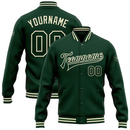 Custom Green Cream Varsity Letterman Bomber Jacket Full Snap for Men Custom Green Green-Cream Bomber Full-Snap Varsity Letterman