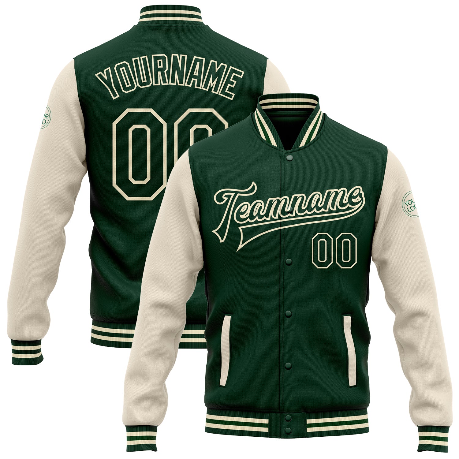 Custom Green Cream Two Tone Bomber Varsity Letterman Full-Snap Jacket Custom Green Green-Cream Bomber Full-Snap Varsity Letterman