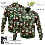 Custom 3D Green Cream Christmas Varsity Letterman Bomber Jacket Full-Snap Custom Green Green-Cream Christmas 3D Bomber Full-Snap