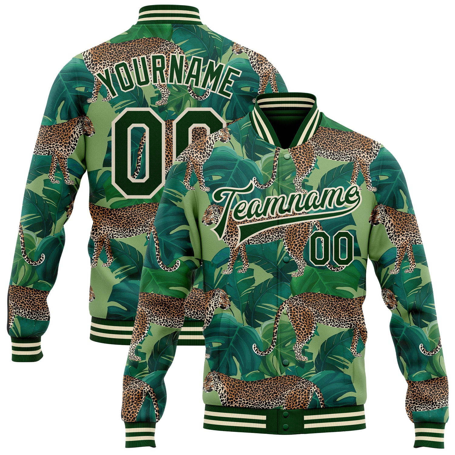 Custom Tropical Tiger 3D Pattern Bomber Jacket with Palms - Green Cream Full-Snap Varsity Letterman Jacket Custom Green Green-Cream