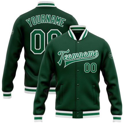 Custom Kelly Green White Bomber Jacket Varsity Letterman Full-Snap Style Custom Green Kelly Green-White Bomber Full-Snap