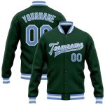 Custom Bomber Varsity Letterman Jacket in Green Light Blue White Full-Snap Custom Green Light Blue-White Bomber Full-Snap